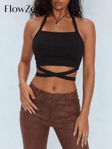 FlowZen Women's New Spaghetti Strap Criss-Cross Hollow Out Cropped Cami Top, Black Ribbed Bodycon Midriff-Revealing Shirt, Y2K Sexy Avant-Garde, Suitable For Party, Date, Casual, Music Festival, Valentine's Day Date - Black - View 4