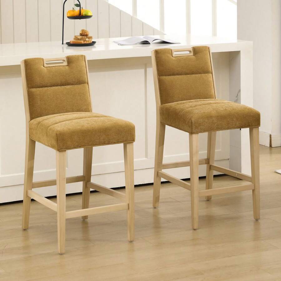 Chairus Bar Stools Set Of 2 Kitchen Counter Stool In Chenille Upholstered Breakfast Bar Chairs With Wooden Legs