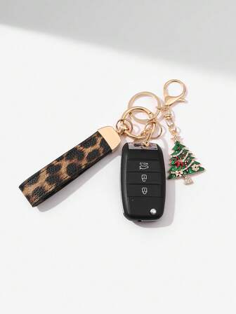 Fashionable Leopard Print Keychain With Christmas Tree Ornament, Holiday Small Gift, Car Key Portable Accessory