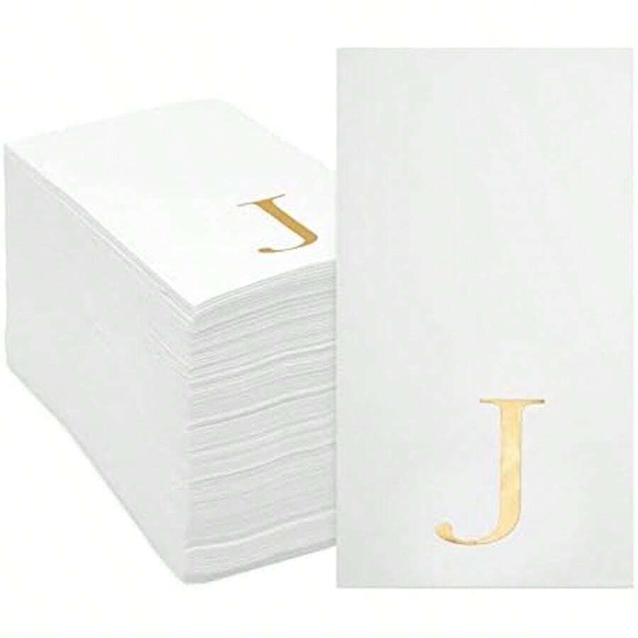 Sparkle and Bash M - Servilletas de papel para invitados - 4 x 8 pulgadas, 3 capas, blanco y dorado, 100 unidades, servilletas con inicial letra M para recepción de bodas y uso en fiestas - J - Ver 1