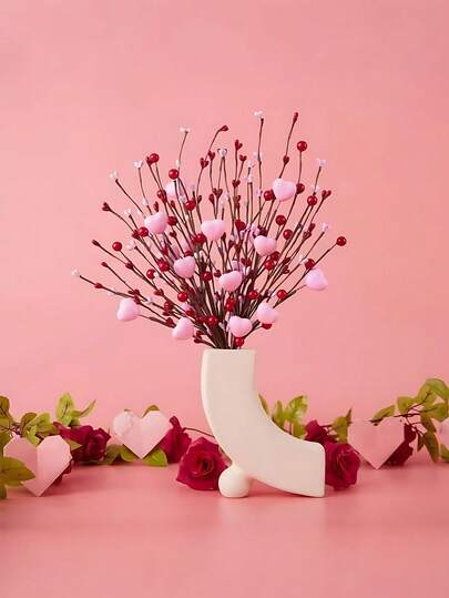 Valentine's Day Floral Branches, Valentine's Day Pink Heart Decor, Valentine's Gift, Pink Heart Berry Decor With Red Berries, Suitable For Weddings, Home Vase Decor, Valentine's Day, Home Vase Centerpiece, Tree Topper, Candlelight Dinner Anniversary