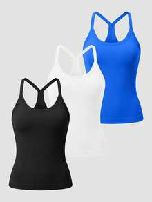 3 Pack Workout Tank Tops For Women With Built In Bra, Sleeveless Gym Tops Seamless Racerback Athletic Yoga Shirts - 黑色#白色#克萊茵藍色 - 查看 1