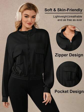 1 pezzo Giacca sportiva casual da donna con chiusura lampo, collo alto, tasche frontali e maniche lunghe