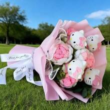 SANRIO 三丽鸥手工针织Hello Kitty花束，逼真仿真花，派对装饰，婚礼新娘捧花，送朋友的礼物，生日，圣诞节，情人节，母亲节礼物 - 彩色 - 查看 4