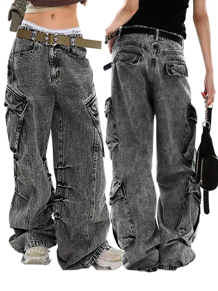 Christmas Women Boyfriends Hip Hop 90s Vintage Baggy Jeans Loose Denim Pants Mid-Low Waist Jeans Fall And Winter Clothes - 灰色 - 查看 1