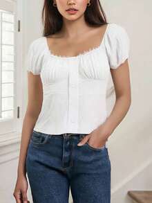 Women Square Neck Button Front Ruched Bust Slim Fit Cap Sleeve T-Shirt Summer Casual Y2K  Top - White - View 6