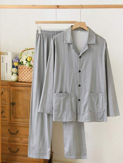 男士两件套睡衣；休闲睡衣套装 - 纽扣式直筒睡衣，时尚灰色宽松舒适新款男士时尚休闲家居服睡衣套装，长袖适合春秋季穿着。