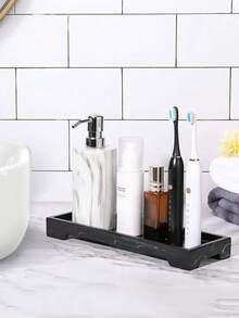 1pc Striped Design Silicone Sink Protector Mat - Perfect For Storing Soap, Shampoo, Perfume, Fashionable Bathroom Organizer Box, Cosmetics And Accessories, Soap Dish | Stylish Vanity Accessory | Textured Surface, Anti-Slip Bathroom Kitchen Storage Tray, Toothbrush Holder, Soap Dispenser, Faucet Drying Rack - Durable Waterproof Storage Mat, Bathroom Tray. - Black - View 2