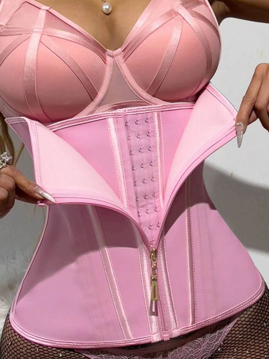 1pc Waist Trainer With Zipper, High Compression Shapewear, Women Waist Cincher - Pink - View 1