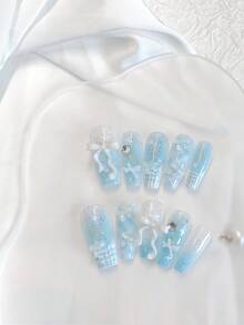10PCS Medium-Long Coffin Press On Nails - Handmade Light Blue French Ombre Glitter Nails | Kawaii 3D Bow/Star/Rhinestone Embellished Fake Nails With Baby Blue Gradient Blending | Press-Ons Kit: 1 Sheet Jelly Glue + Mini Nail File | Reusable Shimmery False Nails For Women (Cute Aesthetic Medium-Long Coffin Shape) - Follow Your Heart - View 2