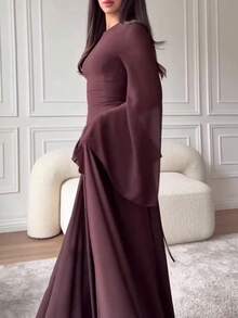 Autumn Slim Fit Fashionable Elegant Long Sleeved Dress With Waist Cinched Dress For Women - 深棕色 - 查看 5