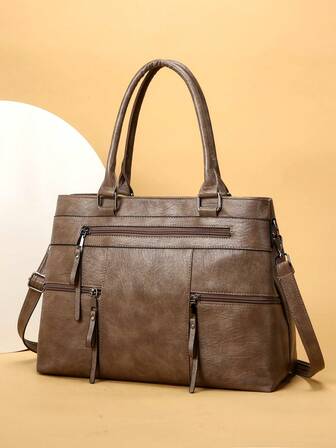 1pc Women's Solid Color Retro Handbag, Large Capacity Tote Bag With Multiple Zipper Pockets, Waterproof PU Dual Top Handle Portable Outdoor Casual Business Versatile Shoulder Bag, Stitched Anti-Theft Crossbody Bag