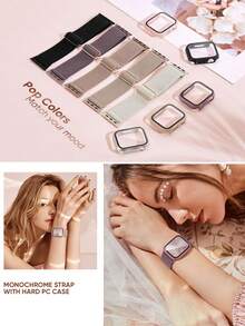 两件装弹力表带和表壳，兼容 42mm、45mm、44mm、41mm、40mm、38mm、46mm、49mm 表带，男女通用。柔软弹力单圈尼龙表带，搭配防刮 PC 和钢化玻璃二合一表壳，兼容 Ultra/11/10/9/8/7/6/5/4/SE 系列男女款表带和表壳。佩戴舒适，触感灵敏。 - 卡其色 - 查看 1