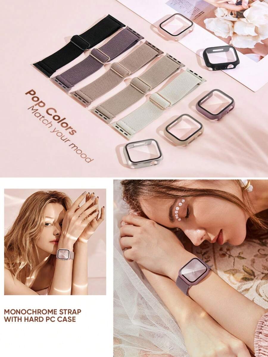 两件装弹力表带和表壳，兼容 42mm、45mm、44mm、41mm、40mm、38mm、46mm、49mm 表带，男女通用。柔软弹力单圈尼龙表带，搭配防刮 PC 和钢化玻璃二合一表壳，兼容 Ultra/11/10/9/8/7/6/5/4/SE 系列男女款表带和表壳。佩戴舒适，触感灵敏。 - 卡其色 - 查看 1