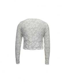 Women's White Lace Tie Front Top | Long Sleeve Flared Cuff V Neck Peplum Top For Street & Brunch - White - View 8