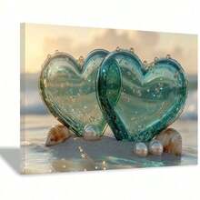 [2D Flat Canvas Wall Art] Bathroom Art Wall Decor 1Pc Framed Ready To Hang 2D Flat Bubble-Accented Teal Heart Canvas Wall Art, Prints, Posters, Mural, Wall Decor, Room Decor Aesthetic, Wrapped Framed Canvas Print, Home Decor, Living Room Office Decor, Canvas Artwork For Playful Spaces, Easy Hang, Suitable For Adults Who Prefer Whimsical Nature & Heart Designs, Perfect For Living Room, Bathroom, Office Decor Canvas Wrapped Inner Frame() - 白色 - 查看 2