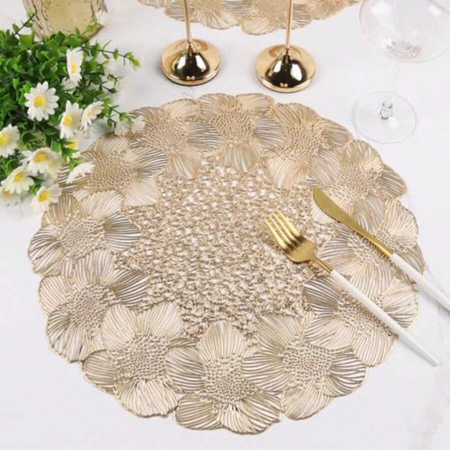 Juego de 8 manteles individuales redondos dorados para mesa de comedor vinilo prensado metálico para decoración de bodas aniversarios y fiestas - FloralSeaGold - Ver 1