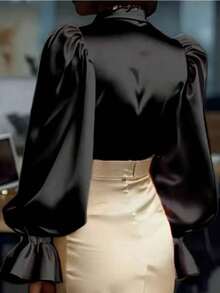 Women's Satin Button-Down Shirt, Long Sleeve, V-Neck, Lantern Sleeve, Loose Fit, Casual/Office Wear, Spring/Summer/Autumn - 黑色 - 查看 2