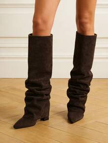 Knee High Fold Over Shark Boots For Women Slouchy Pointed Toe Block Thick High Heels Pull On Fashion Punk Pleated Boots Woman - Chocolate Brown Suede - View 5