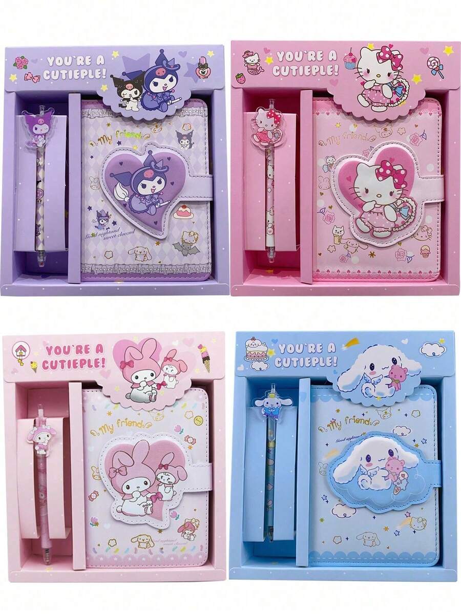 Sanrio 1 Set Hello Kitty, Melody, Kuromi, Cinnamoroll, Pompompurin Notebook Set, Cartoon Magnetic Closure Notebook Gift Box, Cute Memo Pad Portable Set With Magnetic Closure Planner (Some Accessories Random) - Multicolor - View 1
