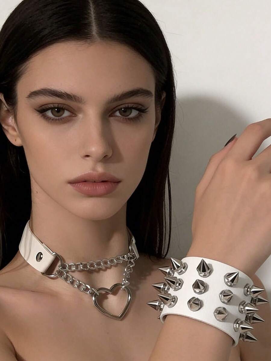 1/2PCS Unisex PU Leather Necklace And Bracelet, Spiked Chain Heart Element, Adjustable Design, Suitable All Occasions, Versatile Accessories - White - View 1