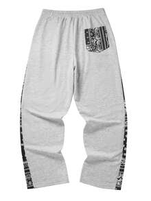 1 pieza Pantalón de chándal de cintura alta y corte holgado para hombre, con diseño de parche de cinta de flor de anacardo lateral, detalle de cordón, estilo streetwear adecuado para uso casual diario, cómodo y de moda para primavera y otoño - Gris - Ver 4