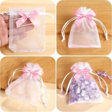 8 túi quà tặng bằng vải voan và organza có dây rút, kèm nơ ruy băng - Thích hợp cho Ngày Valentine, trang trí sinh nhật, đựng trang sức cưới | Nhiều màu sắc (Hồng/Đen/Trắng) Túi quà tặng trong suốt - Nhiều màu - Xem 4