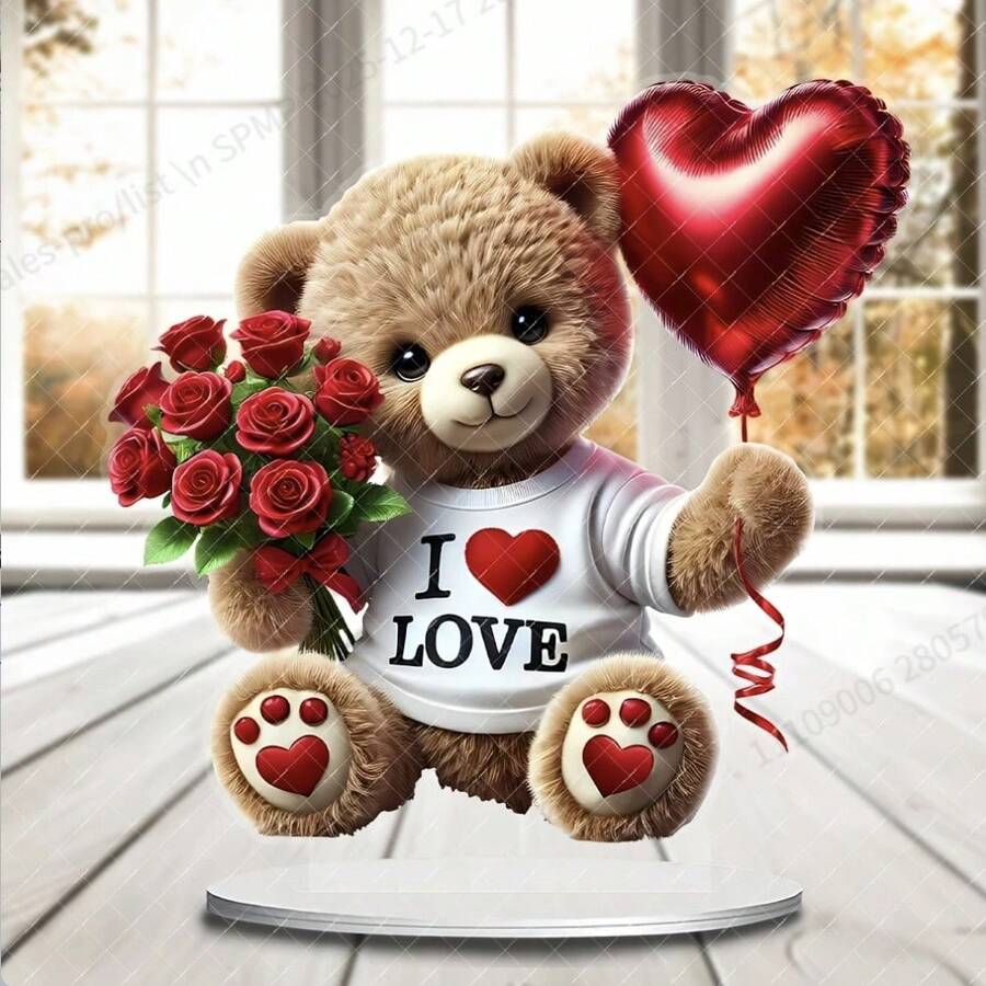 2 Peças Decoração Acrílica Plana Estilo Boêmio 2D Urso Fofo com Padrão de Rosa e Coração, Decoração de Mesa Romântica, Ornamento Multiuso para Mesa em Casa, Escritório e Jardim, Presente Ideal para o Dia dos Namorados, Sem Bateria - Multicolorido - Visão 1