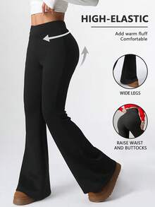 Plus Size Women's Solid Color High Waist Elastic Tight Fit Flared Yoga Pants, Soft & Comfortable, Fashionable & Versatile Casual Trousers, Autumn/Winter - Black - View 2