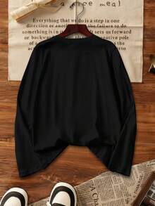 Women's Ombre Butterfly Curve Print T-Shirt, Dreamy Black Loose Top, Round Neck Design, Long Sleeve T-Shirt, Elegant Minimalist, Autumn/Winter, Women's Top, Printed Long Sleeve T-Shirt, Women's T-Shirt - Black - View 2