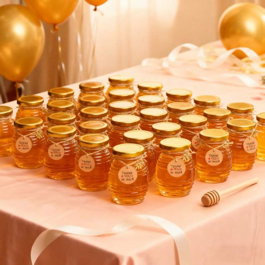 Bộ 12/24/36 hũ mật ong mini 70ml, bao gồm muỗng múc mật ong, hũ mật ong tròn bằng thủy tinh có nắp vàng, trang trí hình ong vàng, que khuấy bằng gỗ, dây buộc và thiệp cảm ơn. Thích hợp làm quà tặng cho tiệc mừng em bé chào đời, đám cưới và sinh nhật. - trong suốt - Xem 1