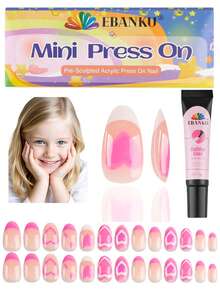 26pcs/Set EBANKU Kids Press-On Nails, Pink Heart Shaped, Suitable For Little Girls