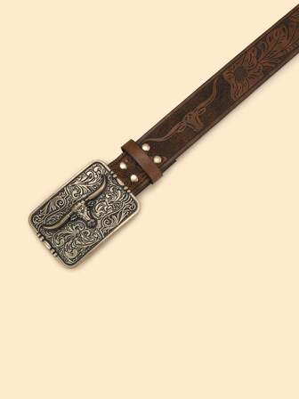 1 st. unisexbälte i PU-läder med vintagemotiv, lämpligt för alla årstider, amerikansk western-cowboystil