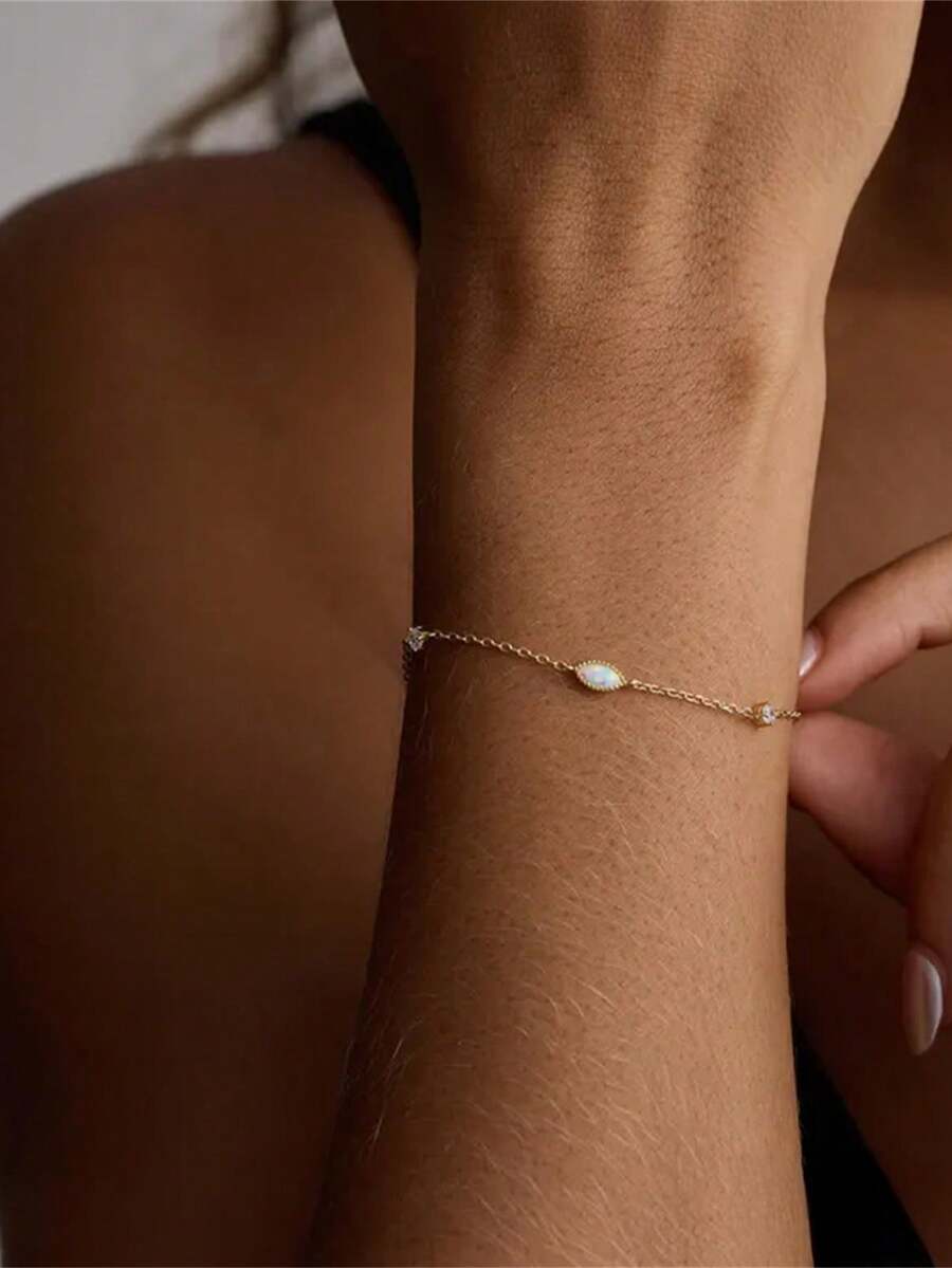 EleRunis 1PC 925 Sterling Silver Marquise Opal Bracelet Marquise 18K Gold Plated Birthstone Crystal Jewelry For Woman Mother Wife Girlfriend - Gold - View 1