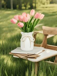 Bohemian Style Decorative Vase, Featuring Rope Bow Knot, Geometric Pattern Plastic Vase, Accented With Rope Bow Knot Details, Suitable For St. Patrick's Day, Easter, Wedding, Home, Camping, Vase, Wedding Supplies, Christmas Decoration - White - View 7