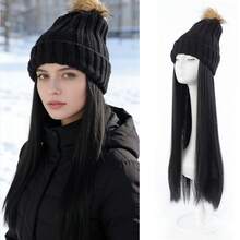 女士冬季保暖长直发假发帽针织帽，逼真黑色合成纤维发丝，适合寒冷天气 - 彩色 - 查看 10