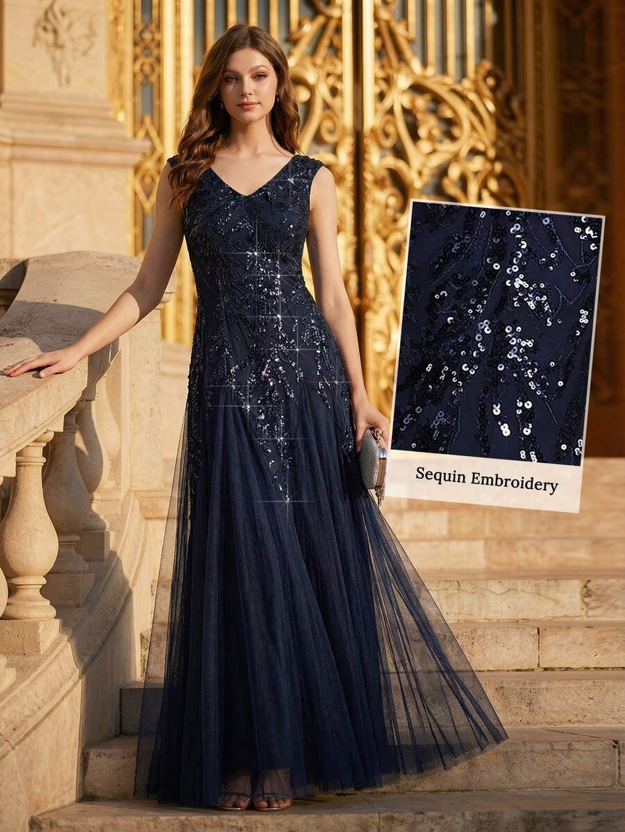Đầm dạ hội thanh lịch EVERPRETTY dành cho nữ, đầm dạ hội sang trọng, đầm dạ hội đính sequin màu xanh navy, đầm dự tiệc cocktail thắt nơ đen, đầm dự tiệc cưới cổ chữ V dáng xòe, đầm dự tiệc cưới cho cô dâu và mẹ cô dâu, đầm bán chính thức mùa xuân
