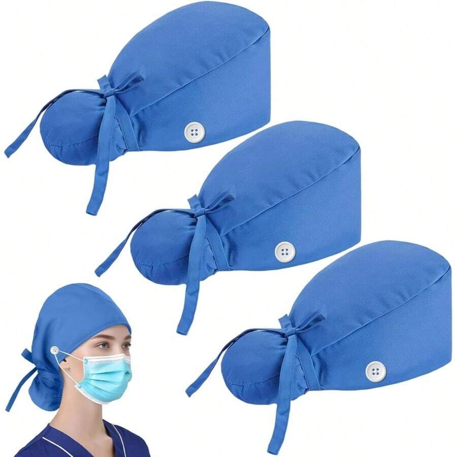 HETIE 3 Piezas Gorros Quirurgicos Mujer, Sombrero de Trabajo para Mujer Ajustable, Bolsa de Cola de Caballo con Lazo en La Espalda Adecuado para Trabajar, Cuidar y Cocinar - Talla Única-XL + Azul - Ver 1