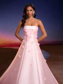 Vestido maxi con espalda descubierta, corpiño de satén lujoso con estampado floral de Anymoon, adecuado para graduación, baile de graduación, dama de honor, gala de alta gama, fiesta de compromiso, celebración del Eid - Rosa - Ver 8