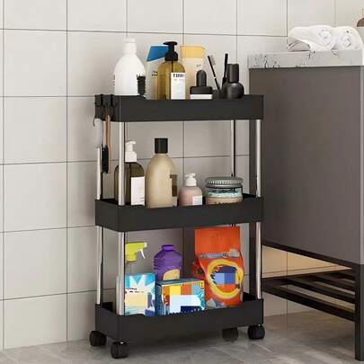 1pc Black Small Rolling Storage Rack, Floor-Standing, Multi-Tier Design, Suitable For Bathroom, Toilet, Gaps, Living Room, Kitchen, Layered Storage Rack, Small Rolling Storage Rack, Home Bathroom Decor, Bathroom Storage Organizer, Autumn Decor, Back To School Decor