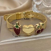 1条金色网状手链，饰有珐琅草莓和樱桃吊坠 - 甜美水果设计，可爱饰品，适合日常夏季时尚造型，男女皆宜，情人节礼物 - 彩色 - 查看 7