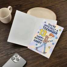 Personalized 13th Birthday Card For Harry - Funny 'Officially A Teenager' Greeting Card With Boy On Phone Design, Stars & Rustic Decor, Perfect Teen Gift For Son, Friend, Or Grandson - Multicolor - View 5