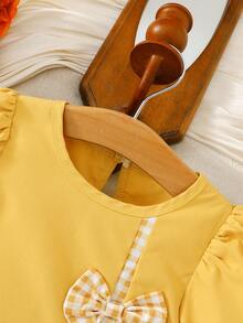 Young Girls Summer New Girls Solid Color 3D Bow Decor Patchwork Plaid Casual Gigot Sleeve Dress - Yellow - View 7