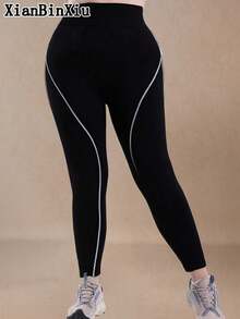 1 pièce Legging de sport noir unicolore grande taille pour femmes, taille haute à haute élasticité avec maintien abdominal, pantalon de sport rayé noir convenant pour le port quotidien au printemps - Noir - Voir 3