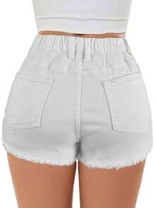 Celana Pendek Denim Wanita dengan Saku, Model Sobek, Elastis, dan Tali Serut, Warna Putih, Kasual untuk Musim Panas - Putih - View 3