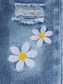 Baby Girls' Distressed Denim Jeans, New Arrival, Vintage Washed Ripped Floral Embroidered Cute Baby Girl Flare Pants, Comfortable Elastic Waist Jeans, Suitable For Casual Outings And Play - Light Wash - View 5