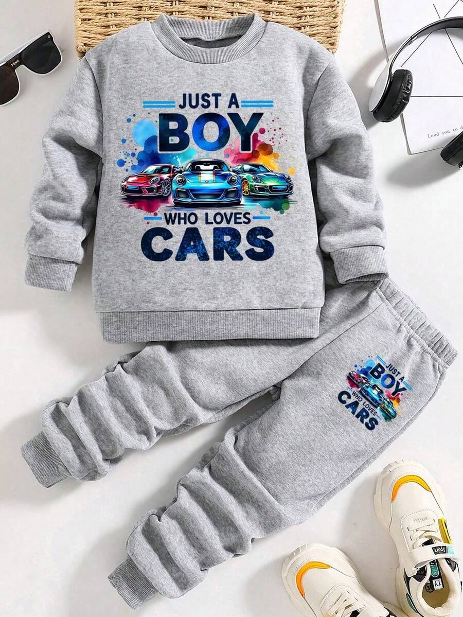 青少年男孩字母印花保暖圆领运动衫和裤子套装 - 灰色 - 查看 1