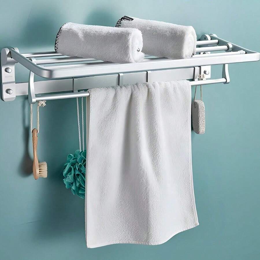 Bathroom Furniture SetsEstante de Toallas Plegable 90° Toalleros de Baño de Pared Acero Inoxidable Sin Taladrar Accesorios para Baño con 5 Ganchos Adecuado para vestidores baños cocinas - LuzBrillante - Ver 1