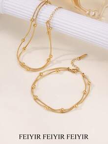 2件套简约双层串珠不锈钢脚链和可调节18K镀金防水手链套装，女士夏季假日珠宝礼物，送给妈妈/闺蜜 - 多款 - 查看 10