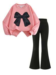 2pcs/Set Girls Bow Print Crew Neck Sweatshirt And Pants, New Fashionable Casual Travel Outfit - Pink - View 2
